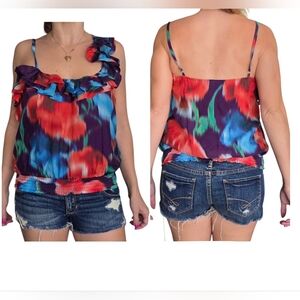 VTG Y2K Bebe Silk Ruffle Camisole Blouse Multicolor Sleeveless Top S Resort Glam